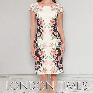 NWT London Times Women’s 6 Black Peach Floral Square Neck Midi Dress Scuba Knit